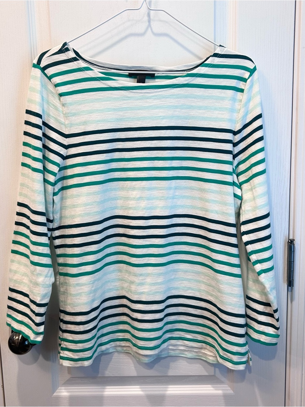 J.CREW Women’s Striped Boat Neck Long Sleeve Knit Top White Green Mint Sz L